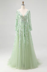Dusty Sage V-Ausschnitt Spitze Tüll Abendkleid mit langen Ärmeln